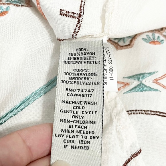 Bob Timberlake Boho Aztec Embroidered Ivory Blouse with Tie Front 3/4 Sleeve M - Picture 7 of 7